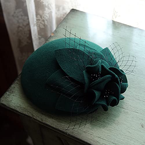 Oridoor British Style Pillbox Hat Women Church Derby Wedding Winter Vintage Fascinator Beret 100% Wool Felt Hat With Veil (021A Green) #TOP1