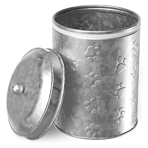 Amici Pet Puppy Paws Small Galvanized Metal Food Canister, 64 Oz Airtight Storage with Handle Lid, Embossed Paw Design for Pet Treats, Snacks, or Kibble - 8