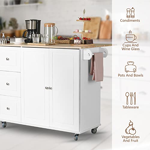 Mfstudio Rolling Kitchen Island On Wheels With Drop-Leaf, Mobile Kitchen Island Cart With 3 Drawers Storage Cabinet, Wood Countertop, Adjustable Shelf, Towel Bar And Spice Rack For Dining Room, White #TOP4