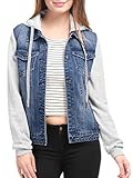 Allegra K Women's Layered Hooded Denim Jacket w Pockets L Dark Blue