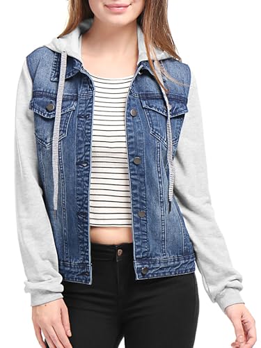 Allegra K Women's Jean Jackets Layered Drawstring Hood Denim Jacket with Pockets Large Dark Blue
