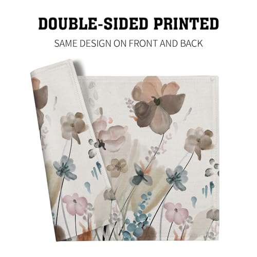 Image of Brown Cream Grey Teal Floral Placemats Set of 4 Watercolor Flowers Place Mats Washable Dining Rustic Abstract Floral Farmhouse Linen Table Mats Stain Heat-Resistant Cloth Table Mat Decor 12x18 in