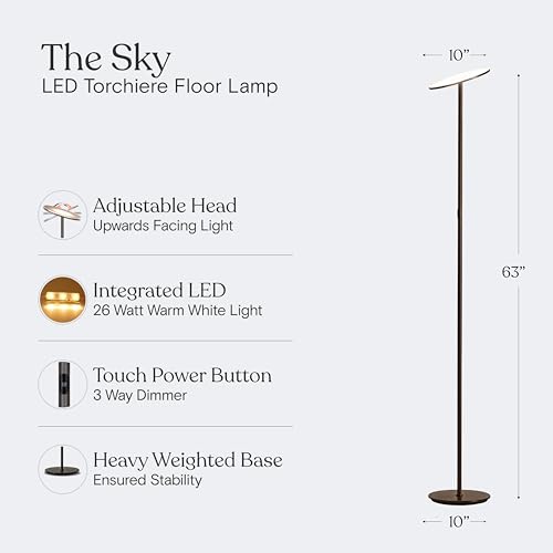 Image of Brightech Sky LED Floor lamp, Torchiere Super Bright Floor Lamp for Living Room Decor & Office - Dimmable, Tall Standing Lamp with Warm Light for Bedroom & Reading - Bronze