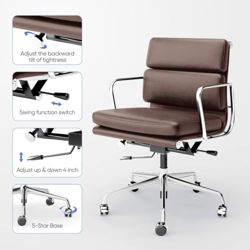 Image of Genuine Leather Office Chair, Mid Back Executive Desk Chair | Real Leather, Lumbar Support, height adjustable, tilt lock, polished aluminum base for 350lb, silent casters, timeless Design