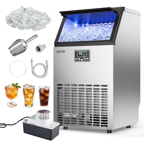 Image of VEVOR Commercial Ice Maker Machine with Pump, 100 lbs /24h with 26 lbs Storage Capacity, Built-in /Freestanding /Under Counter, Stainless Steel Ice Maker with LED Display & Self-Cleaning, for Home Bar