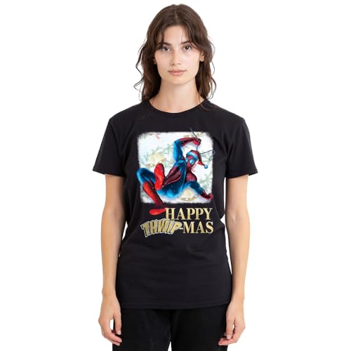 T-shirt Spiderman femme noir Happy Thwipmas anti-déformation pour Noël