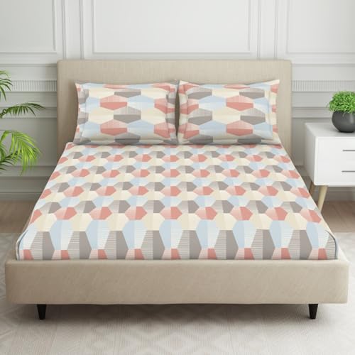 Image of Welspun Polycotton Double Bedsheets with 2 Pillow Covers Soft & Skin Safe Bed Sheets - Harmony | 120 Tc (Geometric-Faded Pink)