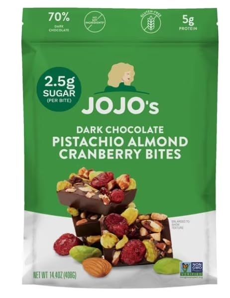 JOJO's Guilt-Free Dark Chocolate Pistachio Almond Cranberry bites ~ 14.4 ounces