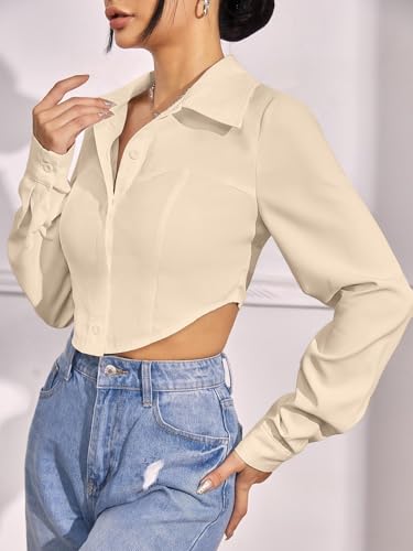 Image of GRECIILOOKS Women`s Oversized Fit Crop Top Shirt | Casual Long Sleev Stylish Collared Shirts for Womens | Comfortable Rich Korean Button Down | Formal Look Stylish Trendy Shirts