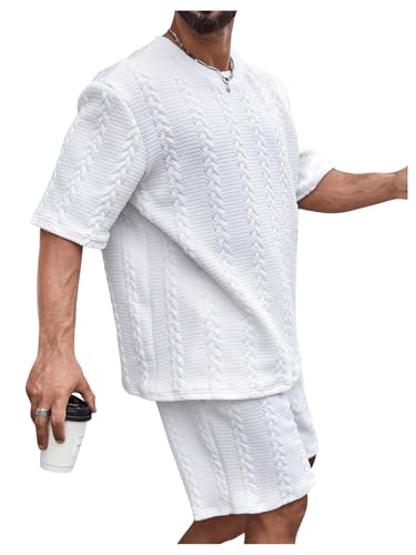 GORGLITTER Men's Big and Tall Vacation Beach Outfits Cable Knit Short Sleeve T Shirt Shorts Set4