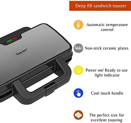 Innoteck Kitchen Pro Deep Fill 2 Slice Sandwich Toaster - 900W Thermostatically Controlled - Deep Fill Non-Stick Ceramic Plates - Cool Touch Handle - Automatic Temperature Control - Black and Chrome
