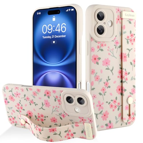 AIGOMARA for iPhone 16 Plus Case with Strap, Pink Flower Silicone,White