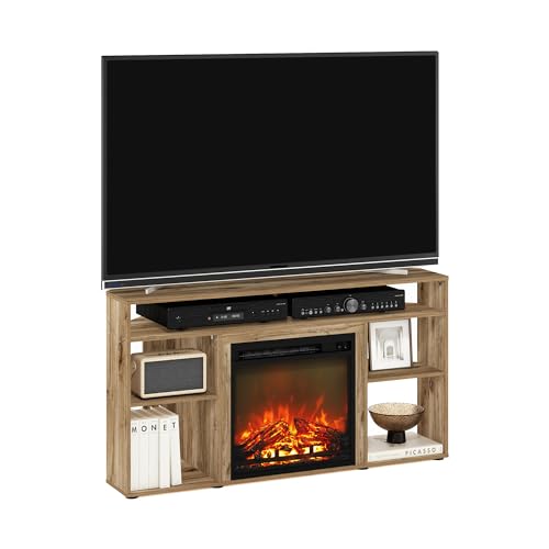 Image of Furinno Jensen Fireplace TV Stand, Corner Entertainment Center, TV Console for TV up to 55 Inch with Fireplace, for Living Room, Bedroom, Flagstaff Oak