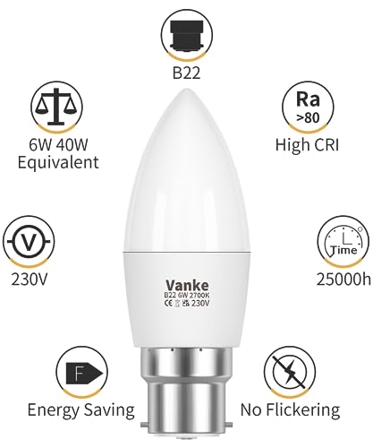 Vanke Bayonet Candle Light Bulb 40w Equivalent, B22 LED Bulbs Warm White 2700K, 6w Energy Saver Bulb, 470 Lumen, Non-Dimmable, 3-Pack - Image 3
