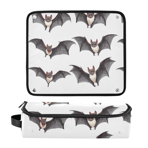 Bolso de viaje para herramientas de cabello para mujer con tapete resistente al calor removible y organizador portátil para planchas y accesorios de cuidado capilar, con diseño de murciélagos blancos miniatura 3
