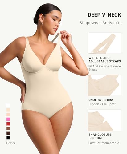 Image of FeelinGirl Shapewear Bodysuits for Women Tummy Control Deep V Neck Body Suits with Adjustable Straps Tops