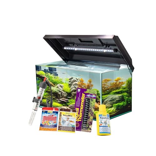 VIALIA Aquarium Set mit Juwel LED Abdeckung schwarz 60x30x30 cm, 54 Liter Glasbecken mit Starterset aus Heizer,...