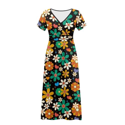 Image of Women's Fall Summer Short Sleeve Ankle Length V-Neck Party Dress with Pockets Size S-3XL