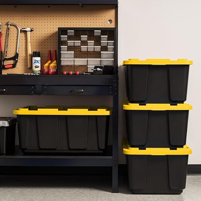 IRIS USA 27 Gallon Heavy Duty Truck Bed Toolbox Storage Tote Bins with Lids, 4 Pack - Made in USA, Tough Snap On Lockable Lid Stackable Industrial Tubs, Garage Organization Reusable Box - Black/Yellow
