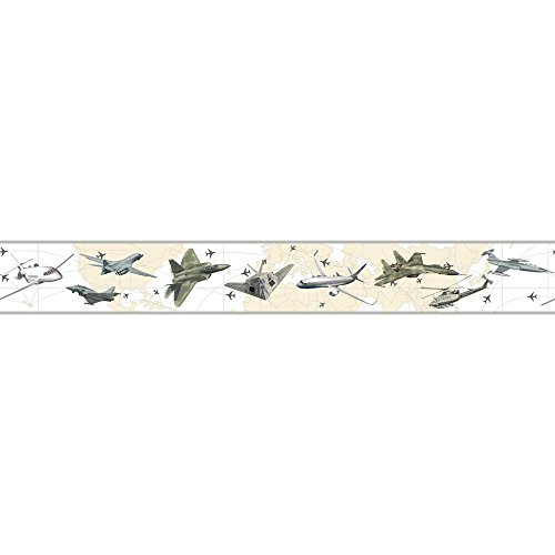 York Wallcoverings Growing Up Kids Leaving On A Jet Plane Removable Wallpaper Border White, Beige, Grey, Tan, Khaki, Green
