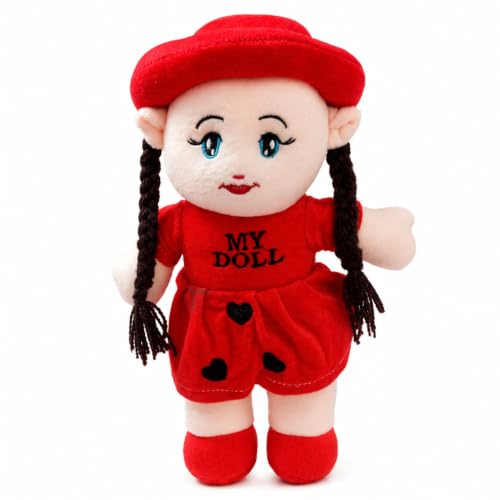 Image of ALVERO Cute Plush Doll for Girls, Soft & Cuddly Doll with Braided Hair, Hat & Heart-Detail Dress, Pretend Play Toy, Storytelling Companion & Birthday, Valentine & Return Gift (Red)