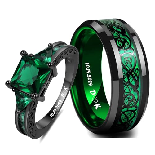 Custom Engraved Couple Rings Promise Rings for Him and Her Set Matching Wedding Rings for Couples Wedding Band Black and Blue CZ Square Engagement Ring for Women,Size 5-13