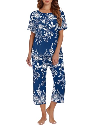 Image of Ekouaer Women's Two Piece Lounge Set Short Sleeve Shirt and Capri Pants Mumu Pajama with Pockets Loungewear Pjs Sets S-2XL