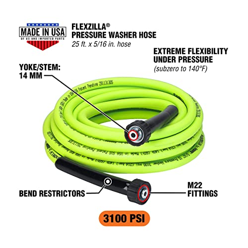 Image of Flexzilla Pressure Washer Replacement Hose, 5 /16 in. x 25 ft., 3100 PSI, M22 Fittings, No-Kink, Lightweight, ZillaGreen