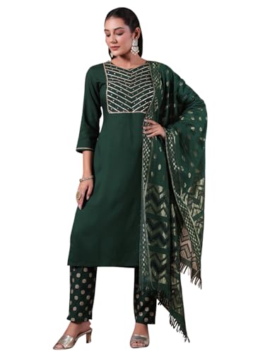 Image of ishin Women's Viscose Rayon Yoke Design Green Straight Kurta Suit Set with Trousers and Dupatta