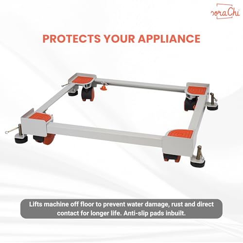 Image of SoraChi Adjustable Iron Washing Machine Stand with Wheels | Elevates Appliances to Prevent Water Damage & Reduce Vibrations | Universal Fit for Washers & Refrigerators (Orange)
