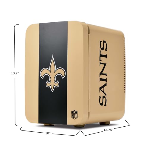 Image of Ukonic NFL New Orleans Saints 15-Can Mini Fridge 10L - AC /DC Powered, Official Team Colors & Logo, Portable Cooler for Tailgates, Home, Office, or Car