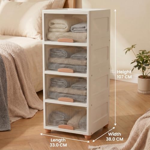 Image of Ash & Roh Multi-Layer Plastic Storage Cabinet with Transparent Flip Door | Space Saving Organizer for Kitchen, Bedroom, Office | Foldable Stackable Storage Unit with Legs | (4-Tier + 4-Tier White Box)
