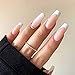 RikView Press on Nails Long French Tip Nails White Coffin Fake Nails with Rhinestones Glossy Nails for Women