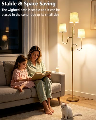 Image of 3-Light Gold Dimmable Floor Lamp with Linen Cone Shades, 3000K Warm White Standing Tall Lamp with Bulbs for Reading, Mid Century Modern Floor Lamp for Living Room Bedroom Sofa Corner Decor