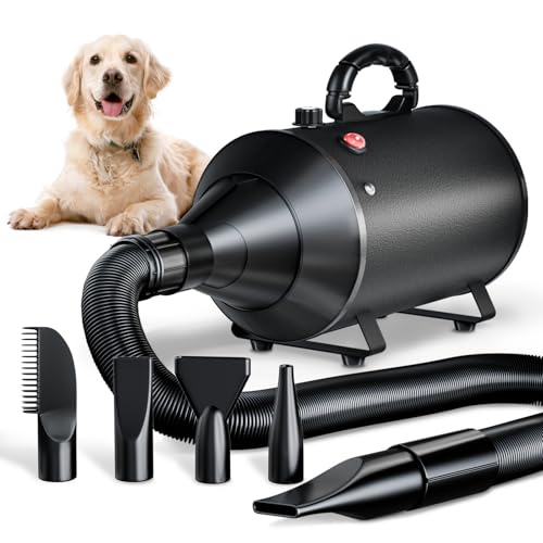 TRIGRAND Asciugacapelli per Cani 3000W Blower Molto Silenzioso velocità Regolabile, Ventilatore per la Cura del Cane con 4 Diversi ugelli e Tubo Elastico