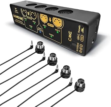 كابلات CME U4MIDI WC + 4-Pack 1-FT TRS MIDI - واجهة MIDI هجينة مع جهاز توجيه ومخطط ومرشح + 4-Pack 1-FT TRS 3.5 1/8" كابلات MIDI من النوع A للمساحات المدمجة
