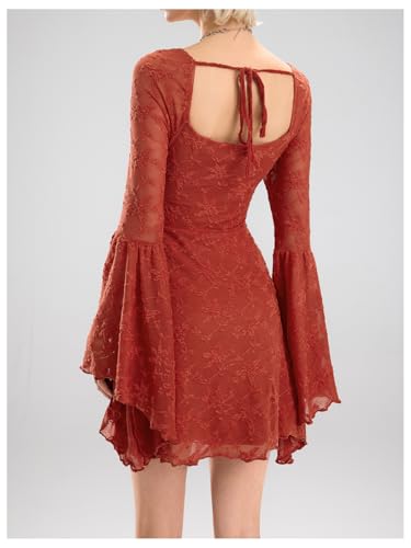 Image of WDIRARA Women's Floral Jacquard Gothic Bell Long Sleeve Dress | Mesh , A Line, Vintage