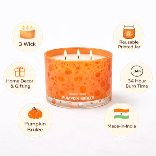 Image of Pumpkin Brulee 3-Wick Scented Large Glass Jar Candle with Golden Metal Lid | Reusable Printed Jar, 5 x 3.4 inch | 34 Hour Burn Time, 15 oz (425 g) | Home Decor & Gifting