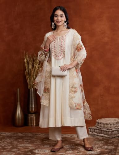 Image of Amazon Brand - Myx Women's Embroidered Anarkali Kurta Suit Set with Organza Dupatta | A-Line Fit (Available in Plus Sizes)