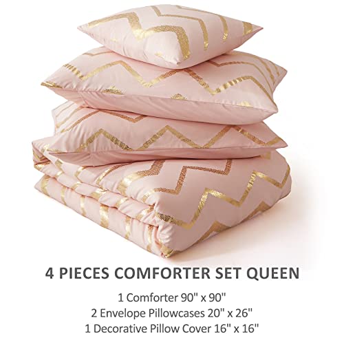 Pink Comforter Set Queen Size, Metallic Blush And Rose Gold Bedding Set, 4 Piece Lightweight Microfiber Comforter For Teen Girls Women (2 Pillow Shams + 1 Decorative Pillow Sham) #TOP6