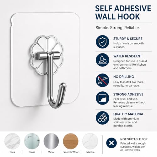 Image of KONVIO NEER Flower Adhesive Wall Hooks - 20 Pack Heavy Duty Self Adhesive Hooks for Wall, Waterproof Strong Wall Hanging Hooks for Keys, Towels, Coats, Kitchen, Bathroom, Home & Office