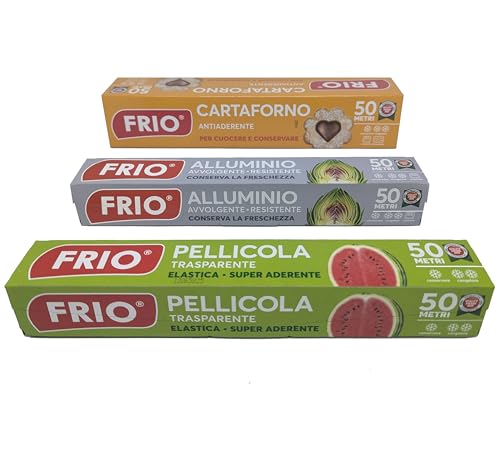 FRIO Family Pack Set 3 Rotoli Cucina Maxi: Alluminio, Pellicola, Carta Forno – 3×50 m (Tot. 150 m) Formato Famiglia per Conservazione, Cottura e Scorta a Lungo Termine
