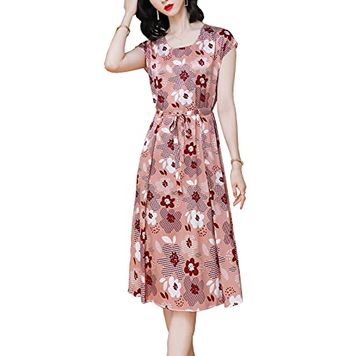 DISSA Robe Soie Imprimée Col Rond Cordelette Manches Cap,Rose,40