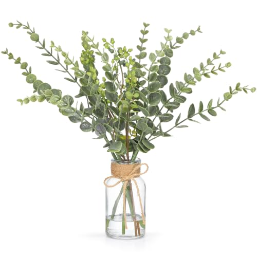 FAVOWREATH 6 Pcs Artificial Eucalyptus Stems with Glass Vase Fake Plants