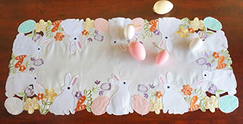 GRANDDECO Spring Easter Eggs Table Runner,Floral Cutwork Embroidered Bunnys and Eggs Table Topper for Home Kitchen Dining Holiday Tabletop Decoration,Spring Color (Runner 16"×34", Easter Bunny-3)