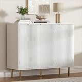 Housoul Fluted Sideboard Buffet with 3 Doors, Modern Accent Cabinet with Adjustable Shelves, Kitchen Storage Cabinet with Golden Handles, Coffee Bar for Kitchen, Living Room, White