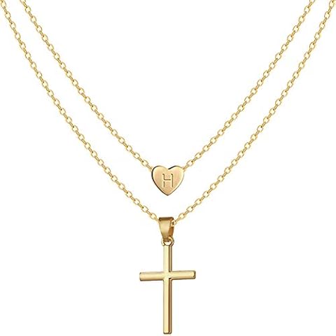 Dainty Cross Initial Necklace 14K Gold Letters A-Z 26 Alphabet Heart Pendant Necklace for Women,18inch Gold Chain, Thanksgiving, Halloween, Birthday for Women Gifts (H) Cover