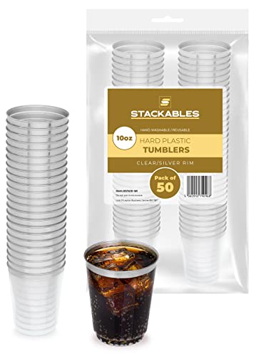 STACKABLES ~ 10oz Pack of 50 Clear Plastic Cups with Silver Rim ~ 300ml Hard Plastic Tumblers ~ Elegant Party Glasses for Birthday Wedding Parties & Events