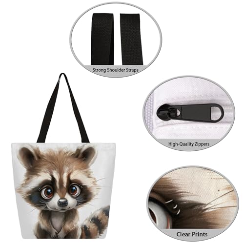 Cute Raccoons Large Capacity Canvas Tote Bag Stylish Handheld Shoulder Bag Reusable Shopping Bag for Work Travel Beach Trips Shopping3