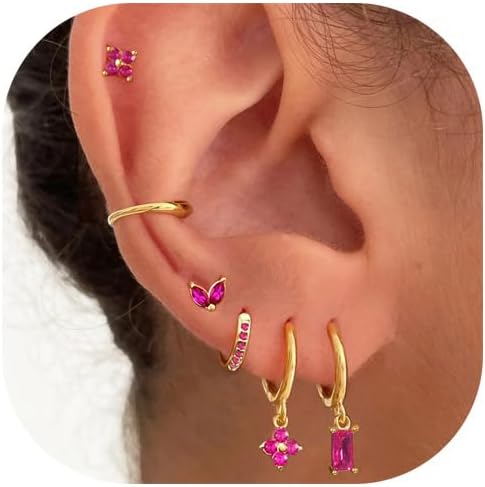 Earring Sets for Multiple Piercing Small Gold Earring Stack 14K Gold/Silver Plated Huggie Hoop Earrings for Women Hypoallergenic Cartilage Stud Gold and Green Earring Set